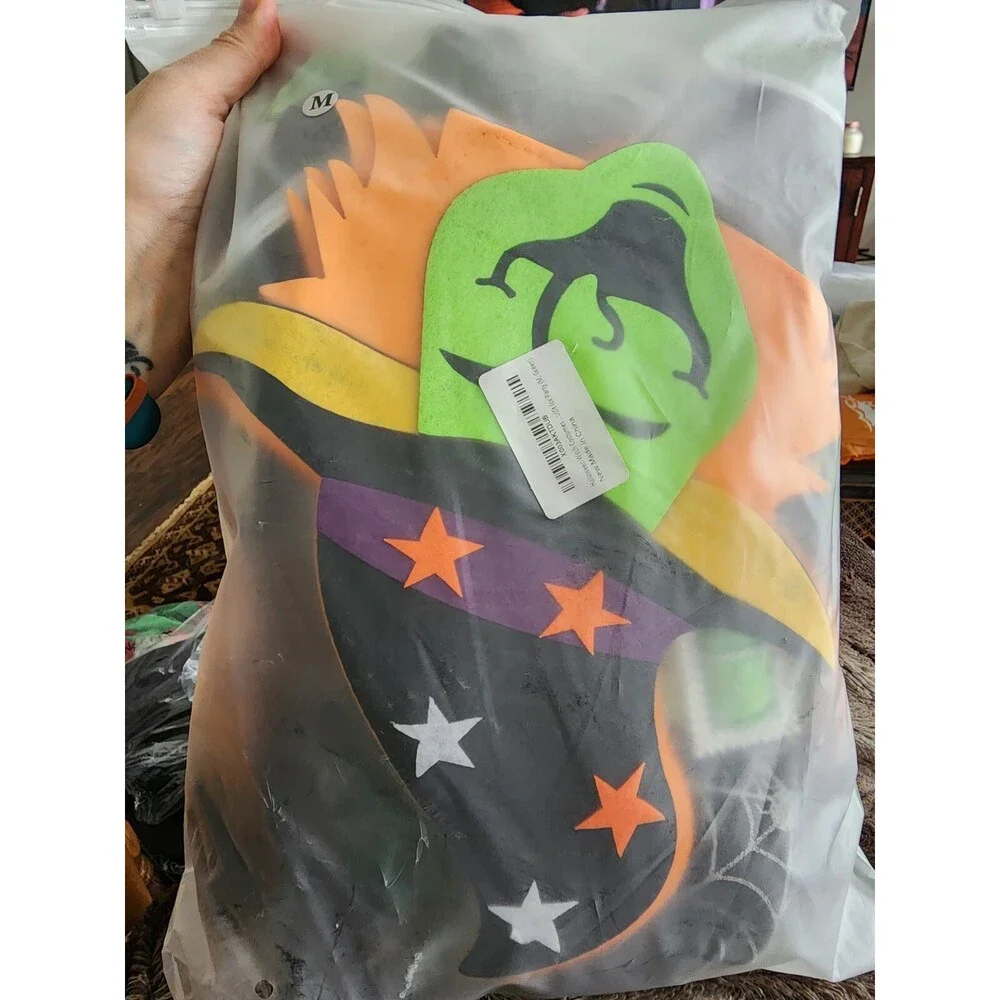 Delux Halloween Witch Costume Girls Kids Dress Witch Hat Broomstick Candy Bag, M